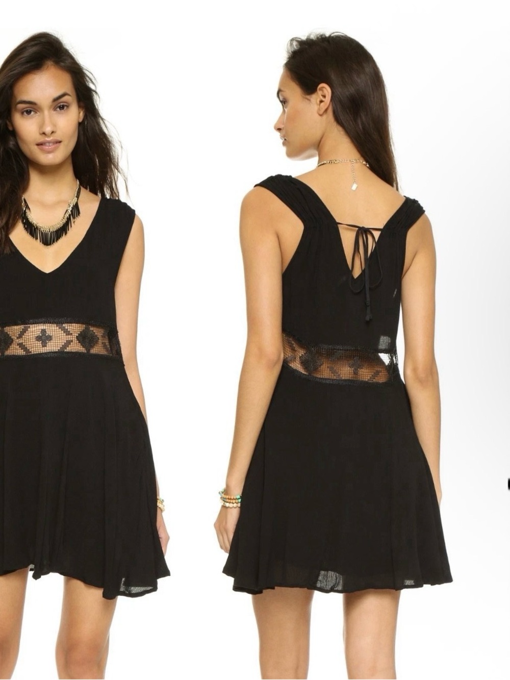 Free People Mini Lace Waist Inset Dress Gauze Layered Black M
